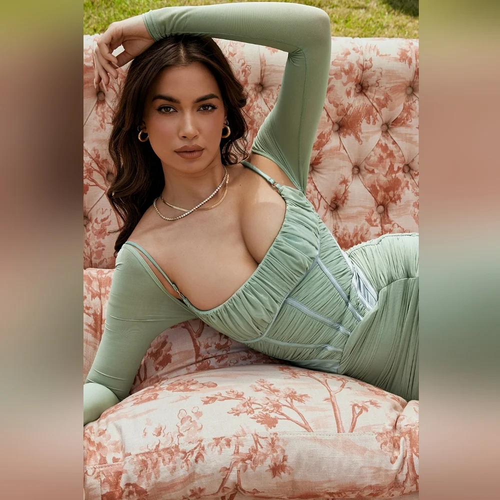 NWT House Of CB Freyja‎ Green Gathered Corset Dress XS Plus Cup - Picture 4 of 10